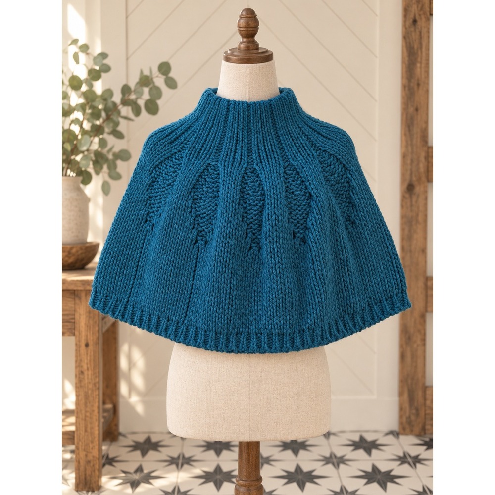 Raffaello Bettini Chunky Knit Leaf Pattern Capelet Poncho Teal One Size
